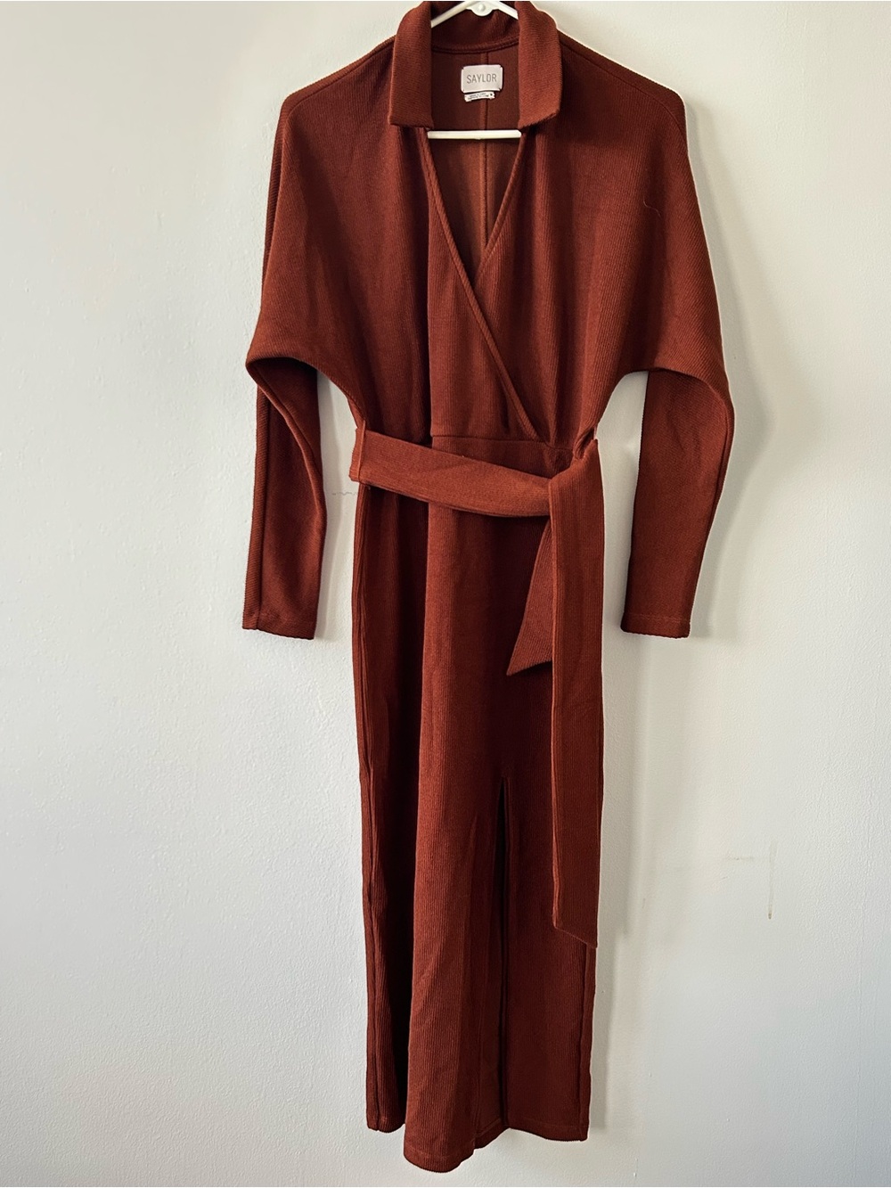 SAYLOR Rust-Brown Long Sleeve Wrap Jumpsuit with Belt